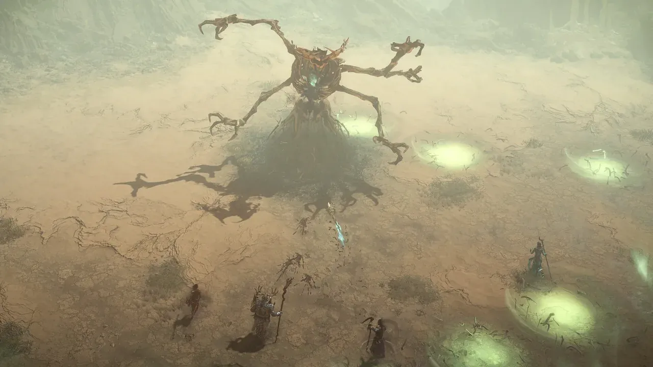 Official Diablo IV screenshot: several classes fighting together in the snow